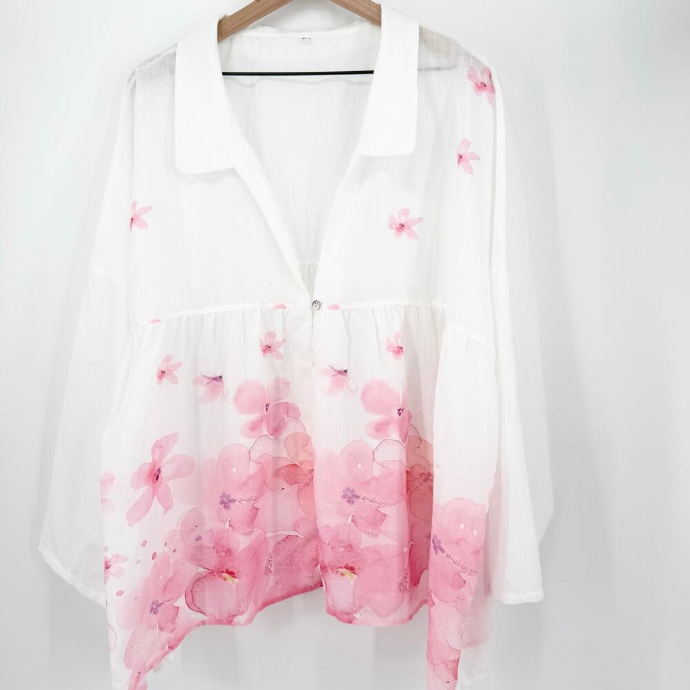 Plus 3X White Floral Babydoll Blouse Pink Watercolor cottagecore Feminine Flowy